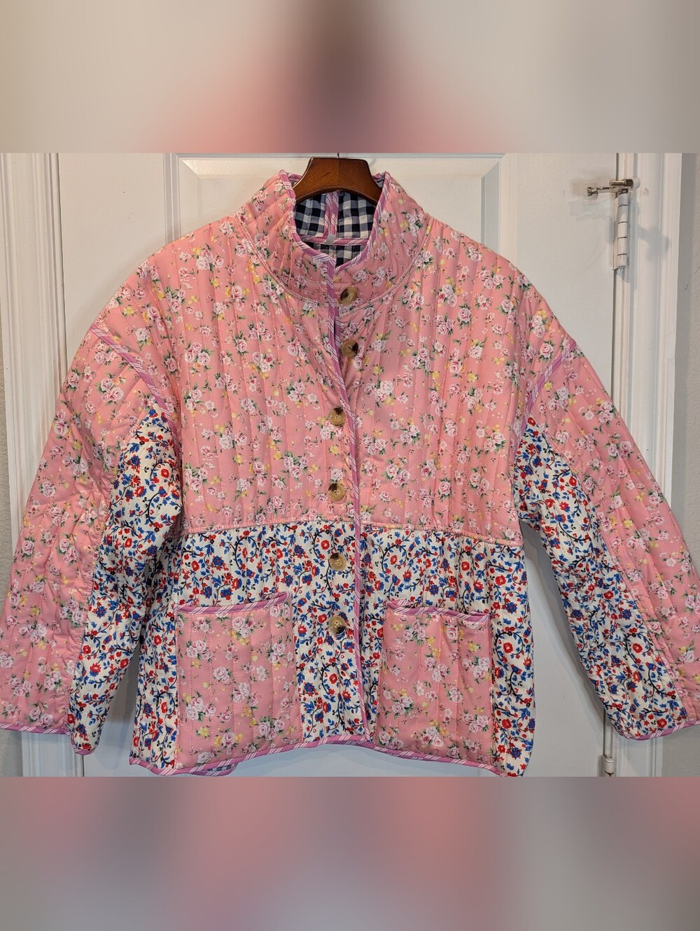 Reversible Floral Quilted Jacket Cottagecore Pink Patchwork Button Coat